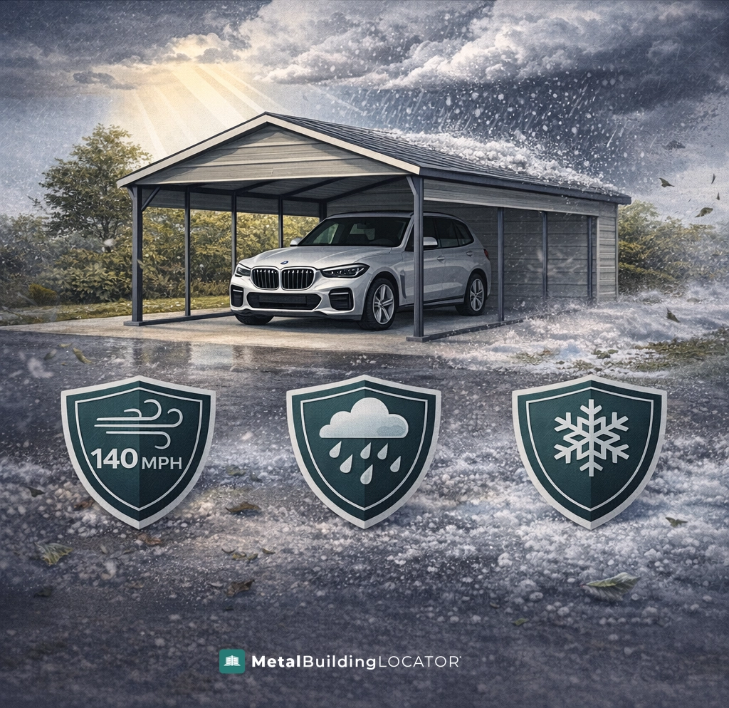 Metal carport durability infographic showing wind rain and snow resistance