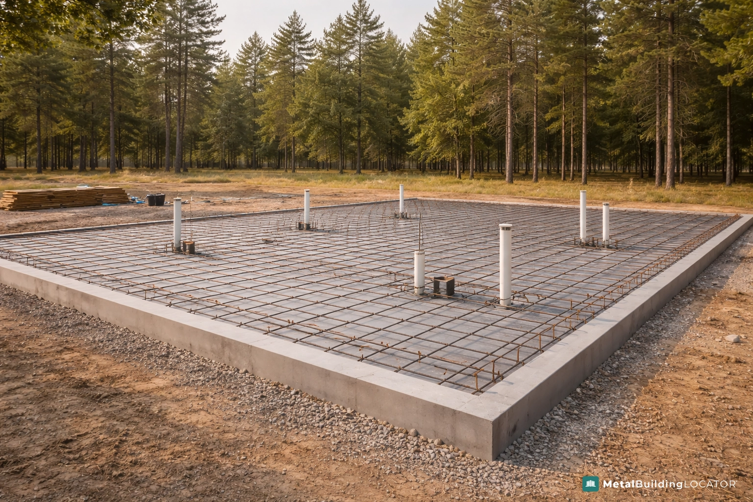 Concrete slab foundation for a barndominium with rebar grid and plumbing rough ins