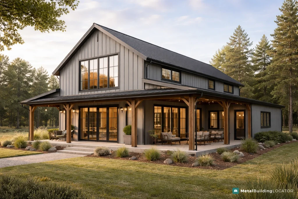 Modern barndominium exterior with metal siding, large windows, and covered porch in a rural setting