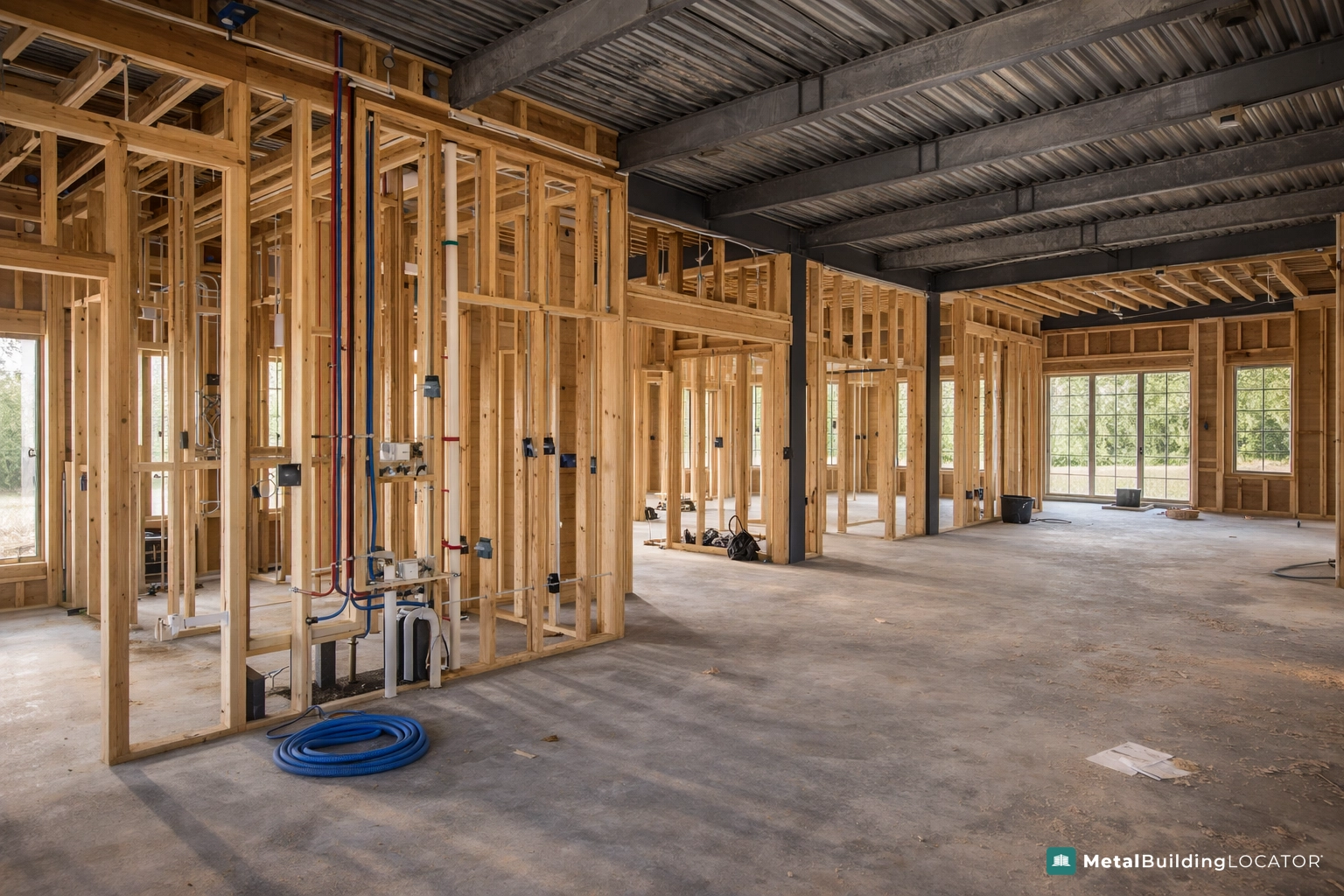 Barndominium interior under construction with open floor plan, exposed framing, plumbing, and electrical rough ins