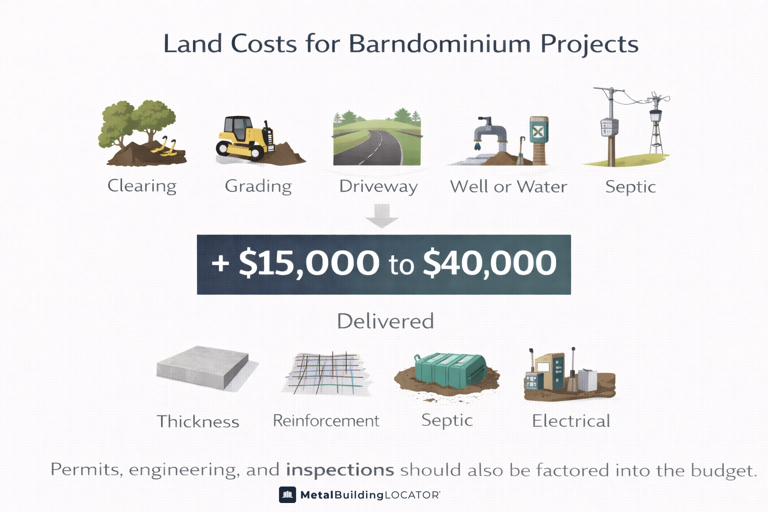 Barndominium land preparation cost infographic including clearing, grading, utilities, and site work
