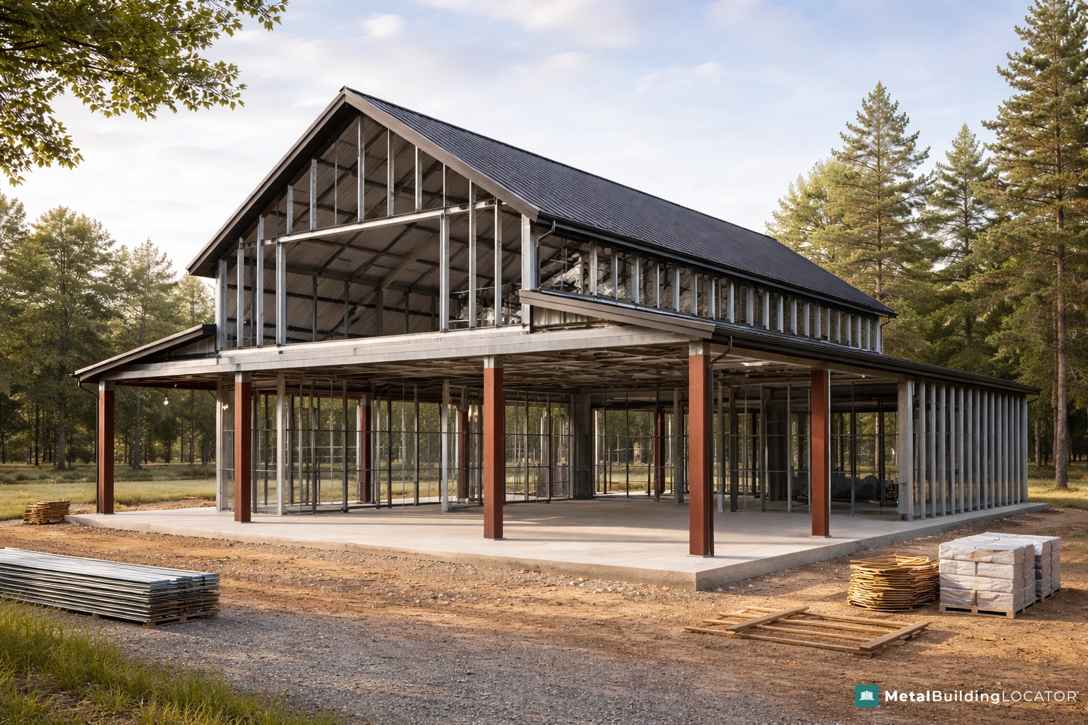 Metal barndominium shell under construction showing steel framing, roof panels, and concrete slab