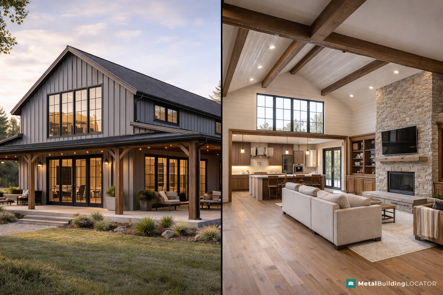 Finished barndominium interior and exterior comparison showing metal building with modern farmhouse design