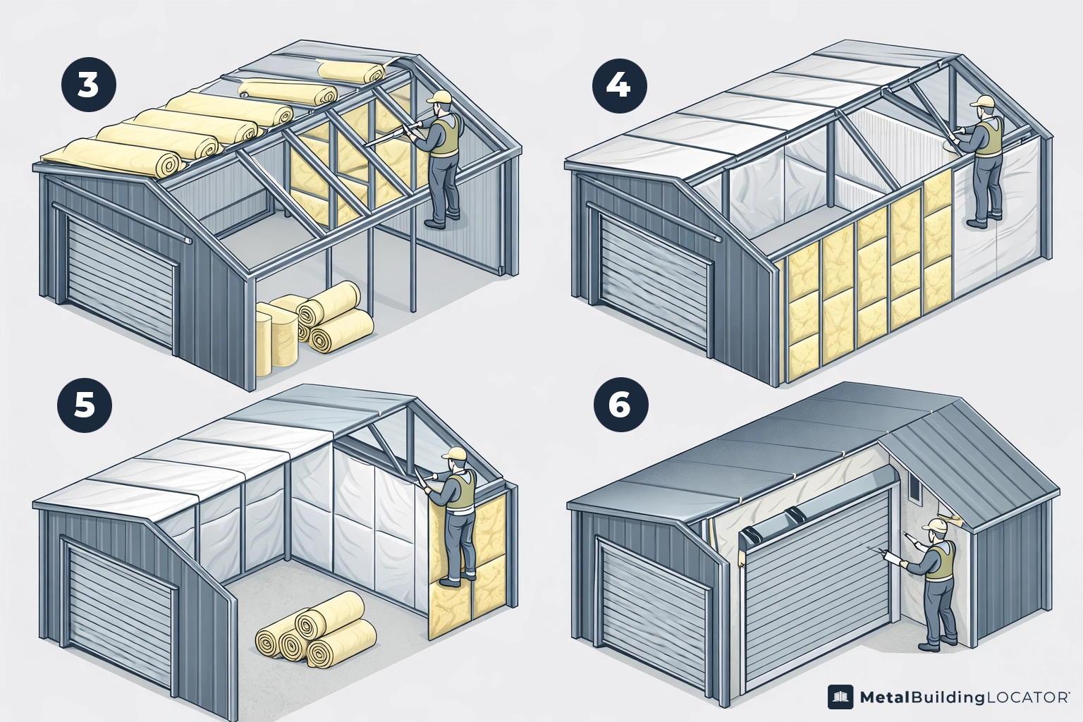Isometric illustration of the metal building insulation process showing roof insulation, wall insulation, vapor barrier installation, and sealed doors