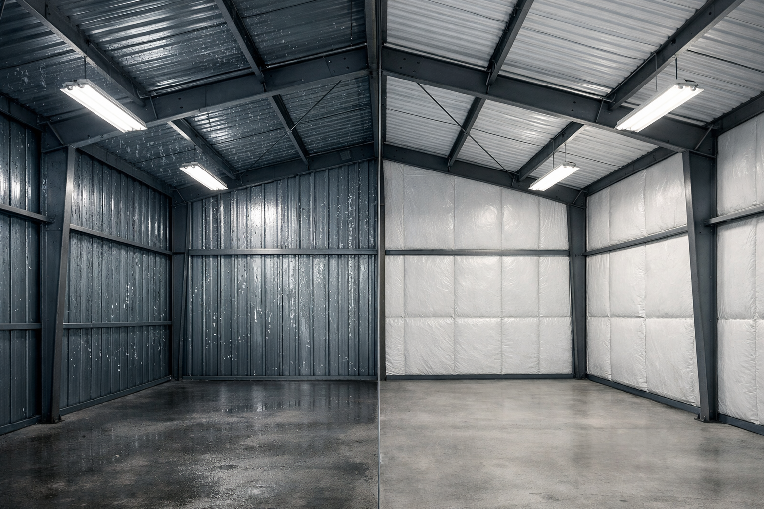 Photorealistic cutaway of a metal building interior showing uninsulated walls with condensation on one side and insulated walls with a dry concrete floor on the other