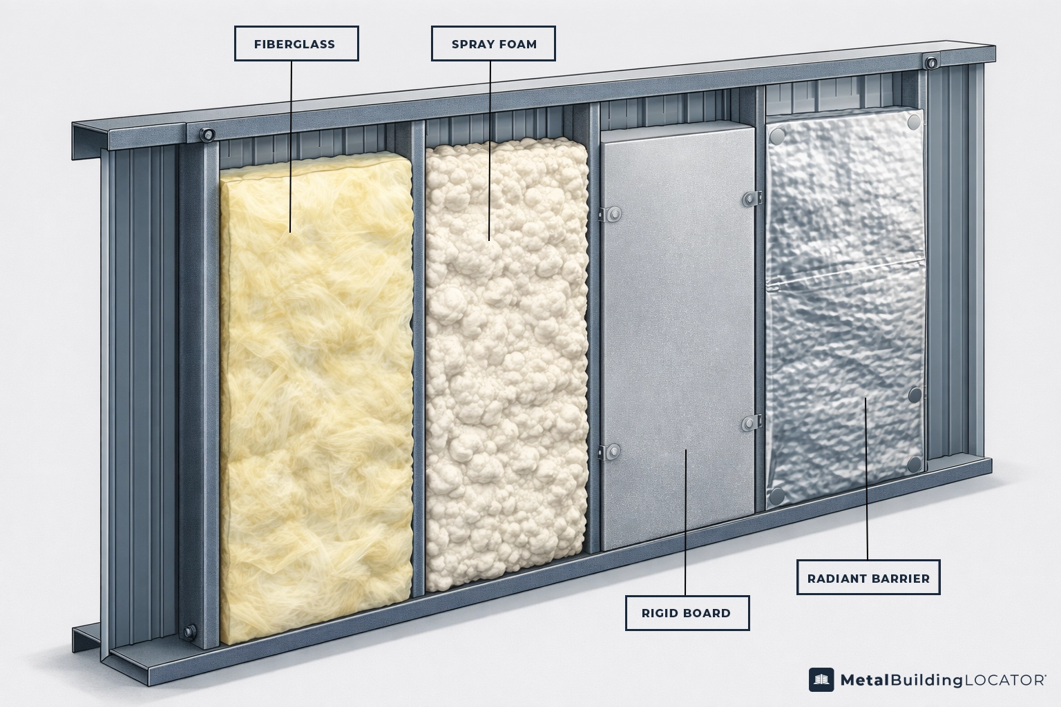 Labeled illustration of metal building wall insulation showing fiberglass, spray foam, rigid board, and radiant barrier materials
