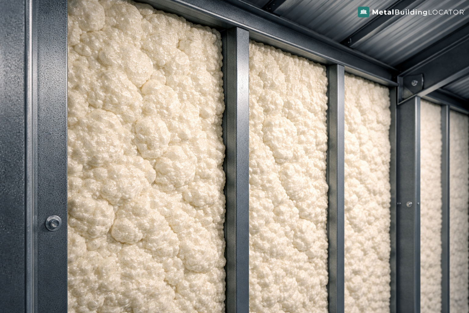 Close-up view of closed cell spray foam insulation applied to metal wall ribs inside a steel building