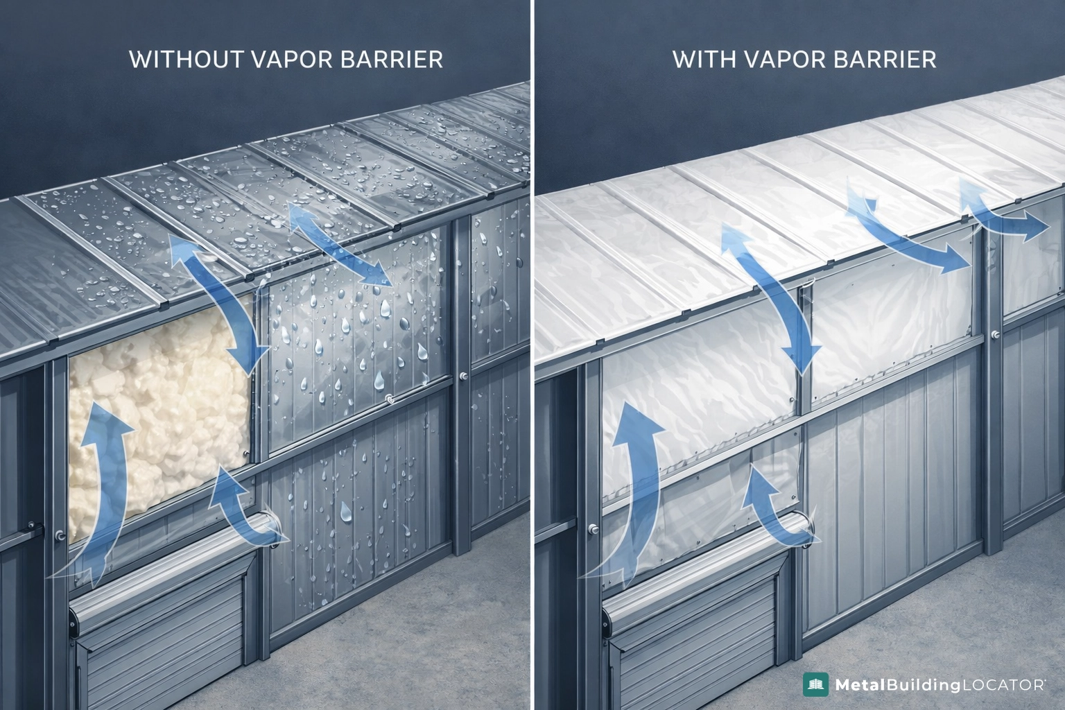 Educational diagram showing airflow and condensation in a metal building with and without a vapor barrier