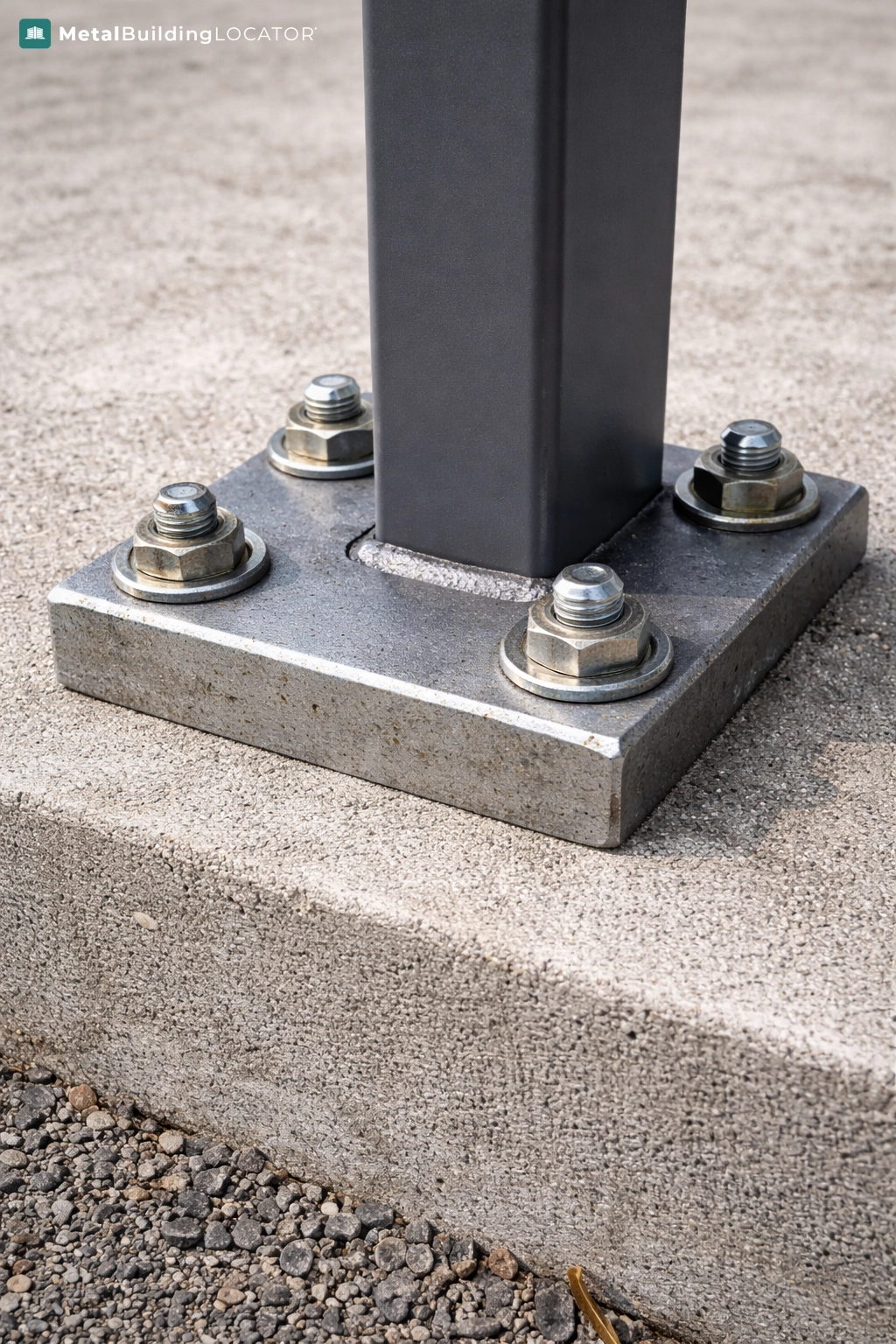 Close up of metal carport anchor bolts secured into concrete foundation