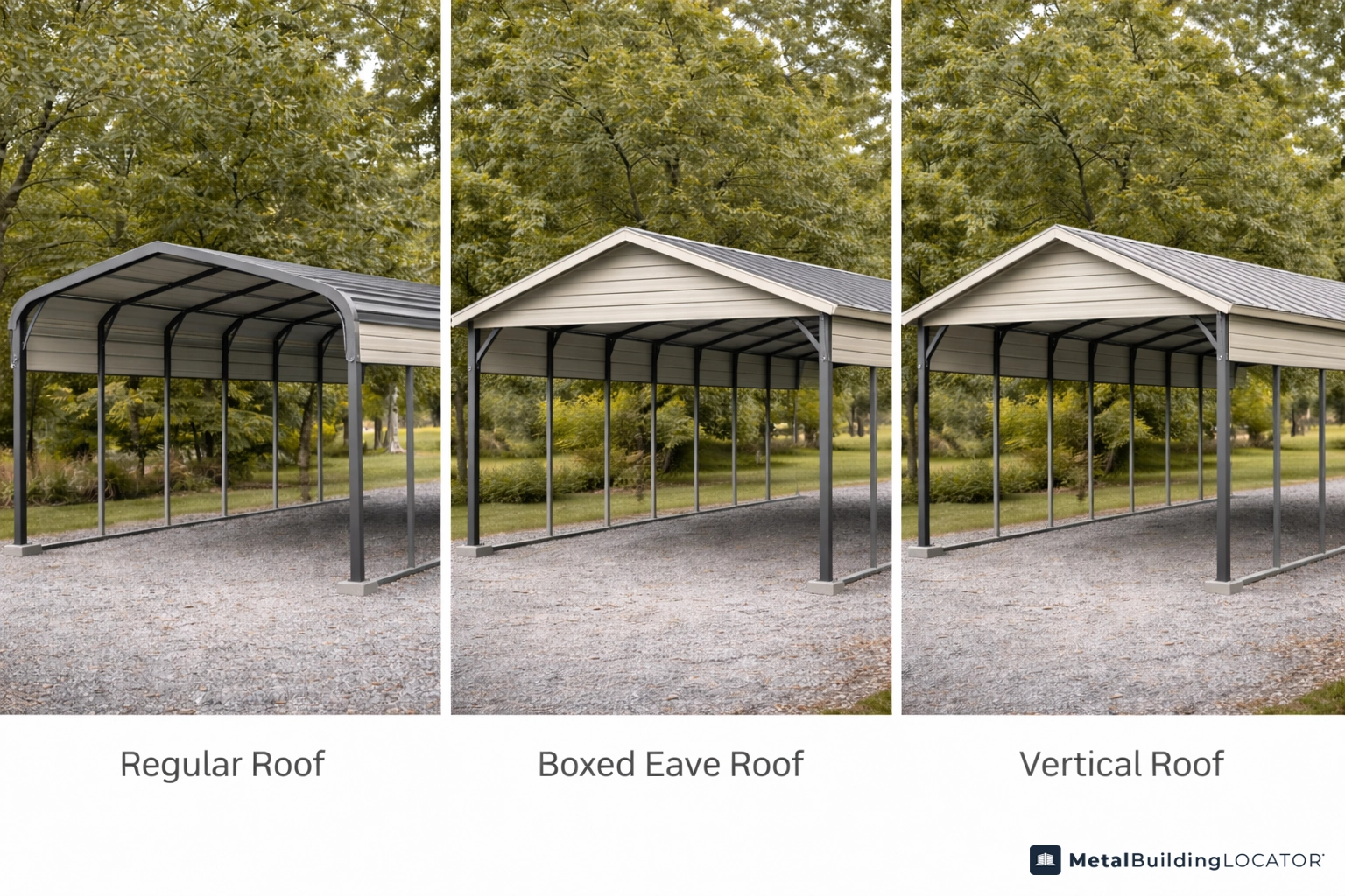 Comparison of regular roof boxed eave roof and vertical roof metal carports side by side