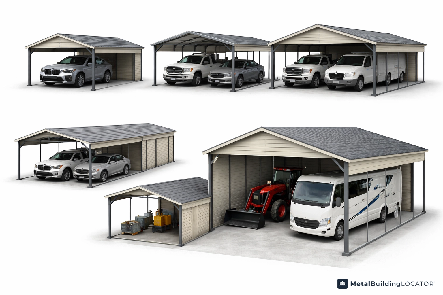Different metal carport sizes and layouts including single double rv and storage configurations