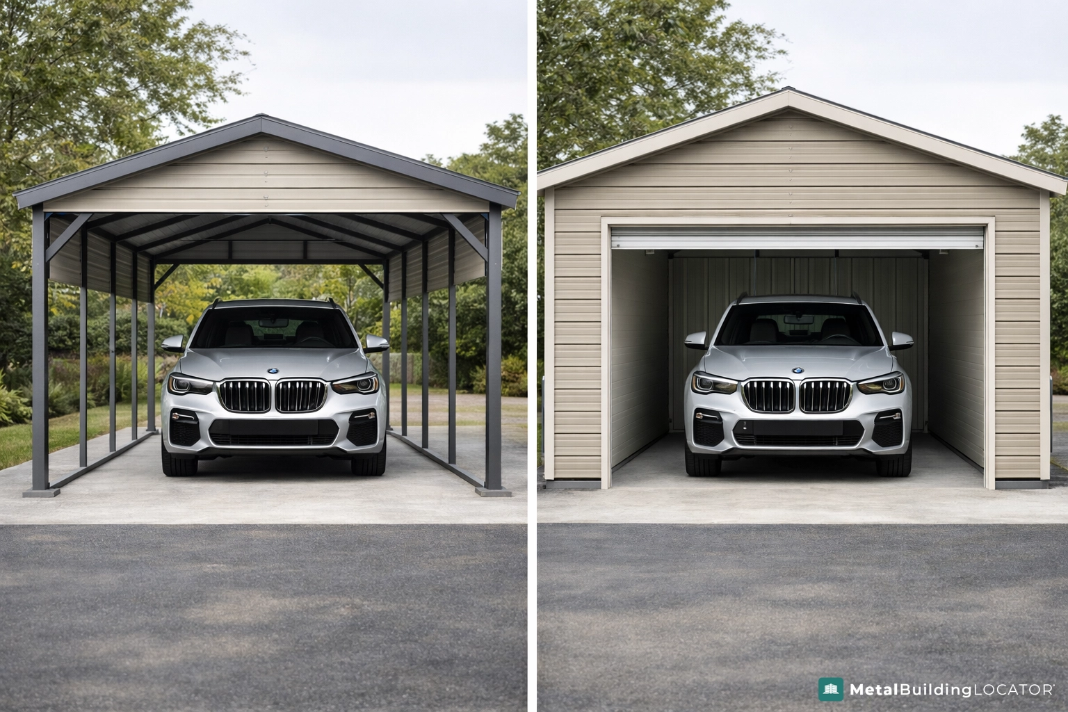 Comparison of open metal carport and enclosed garage with the same vehicle