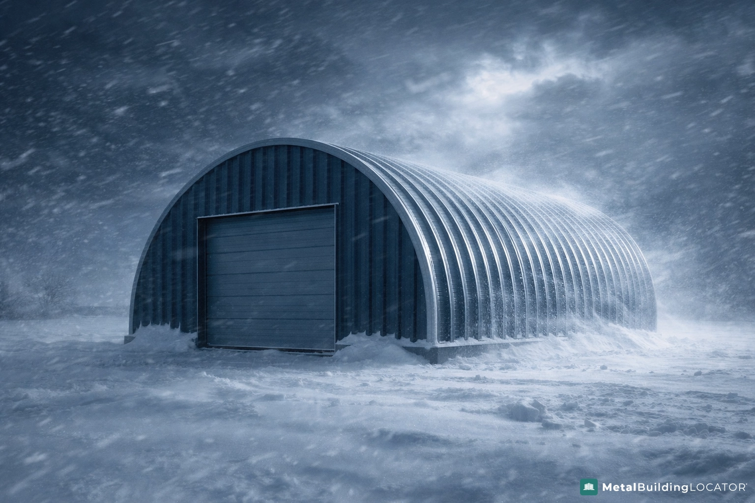 Quonset hut steel building standing strong in heavy snow and high wind conditions
