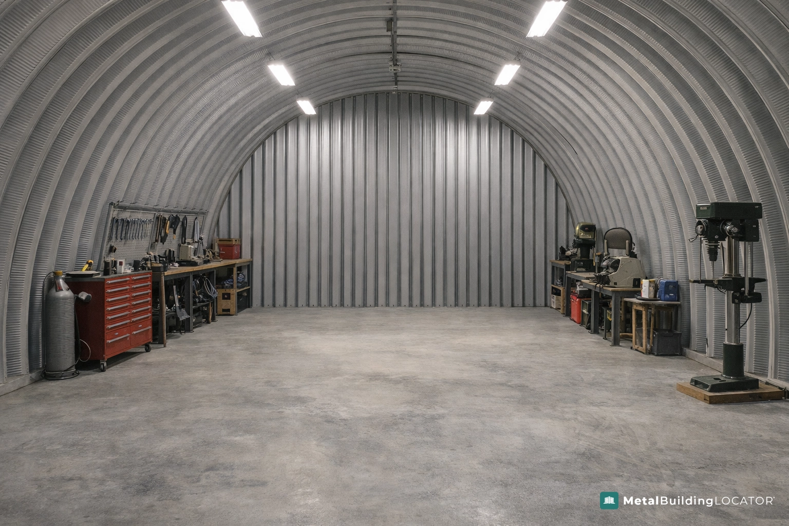 Interior view of a Quonset hut showing curved walls limiting usable space with workshop equipment inside