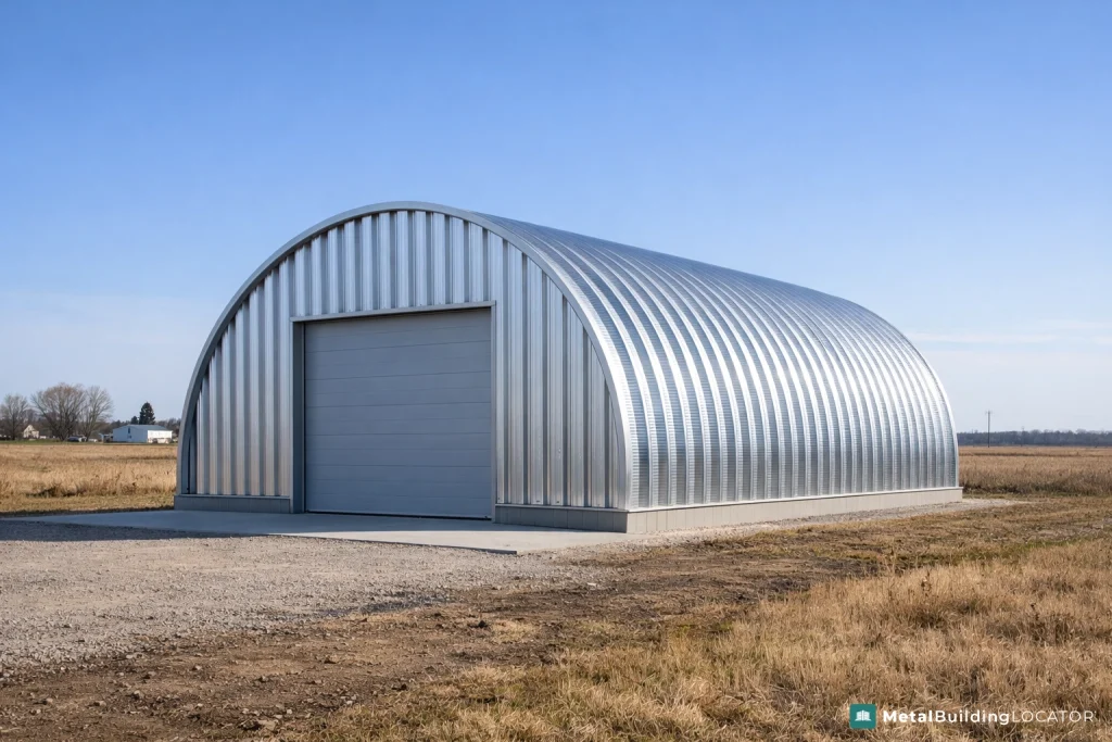 Quonset hut steel building in an open rural landscape with curved corrugated metal panels