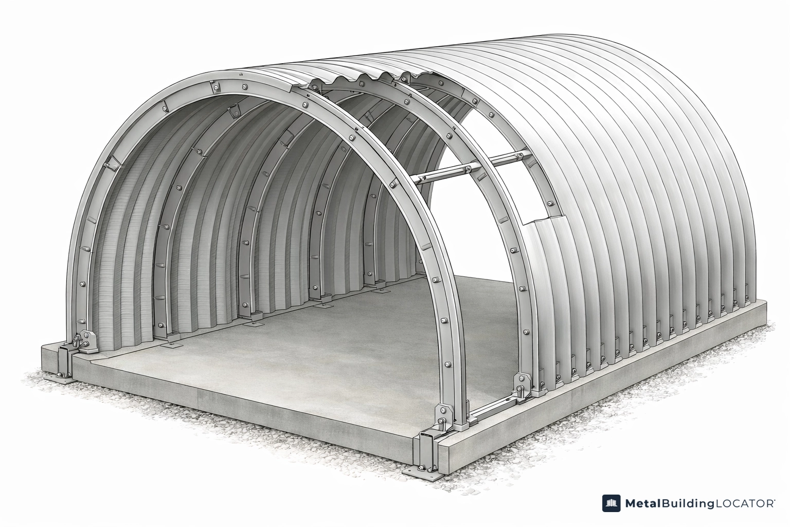 Technical cutaway illustration of a Quonset hut showing curved steel ribs bolted panels and anchored base