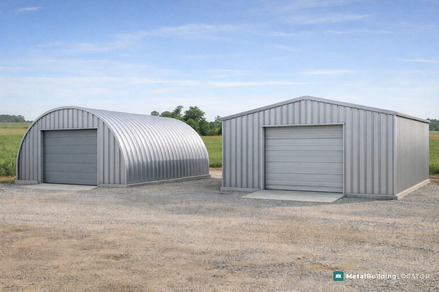Side by side comparison of a Quonset hut and a modern straight wall metal building