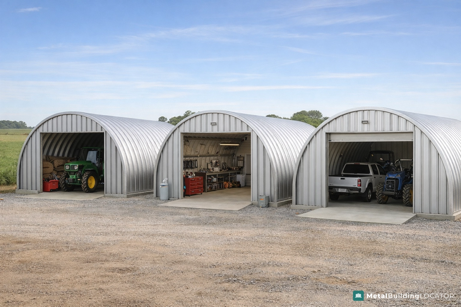 Multiple Quonset huts used for agriculture workshop and vehicle storage in a modern rural setting