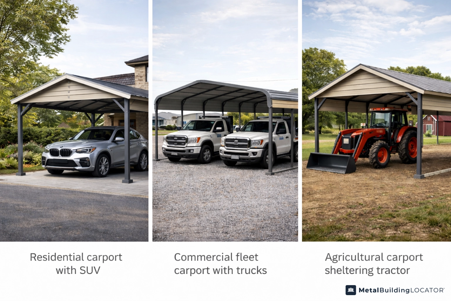 Residential commercial and agricultural metal carports shown with suv work trucks and tractor