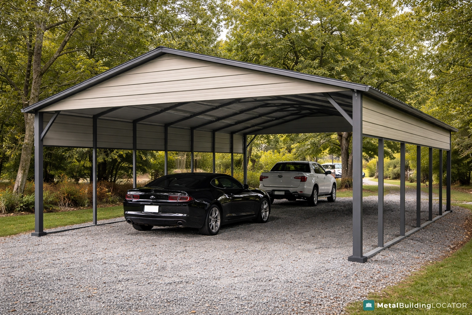 Residential metal carport protecting two vehicles in a driveway with modern steel design and weather protection