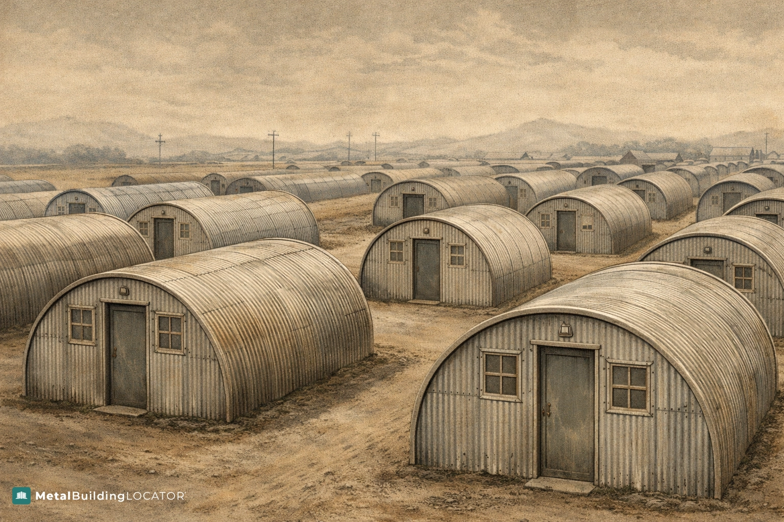 Vintage illustration of early military Quonset huts arranged in rows with realistic steel textures